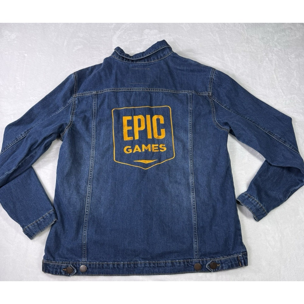 Epic Games Blue Denim Jean Trucker Jacket Mens 2XL‎ Medium Wash Embroidered Logo